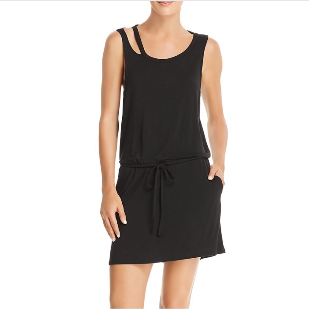CHASER Deconstructed, Cut-Out, Drop Waist Dress in Soft Black Jersey Knit
